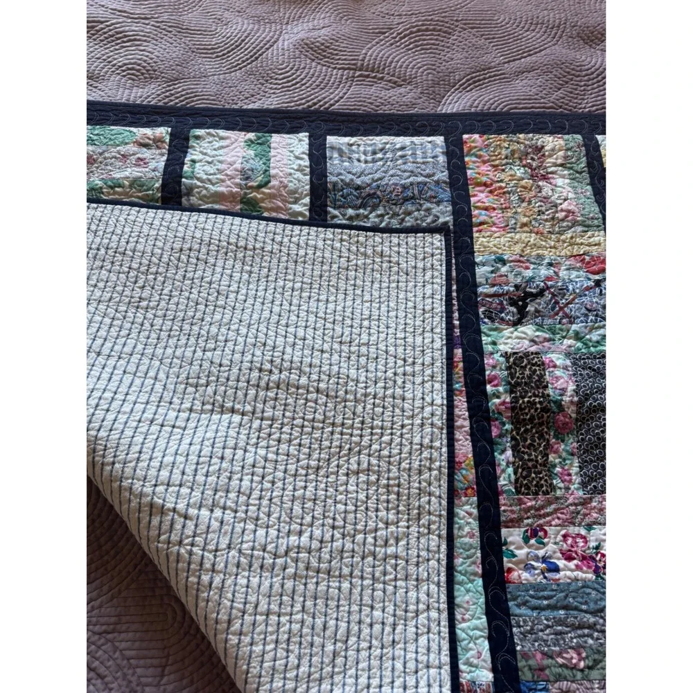 Handmade Patchwork Quilt Multi Color Floral Scrap Block Navy‎ Border Cottagecore